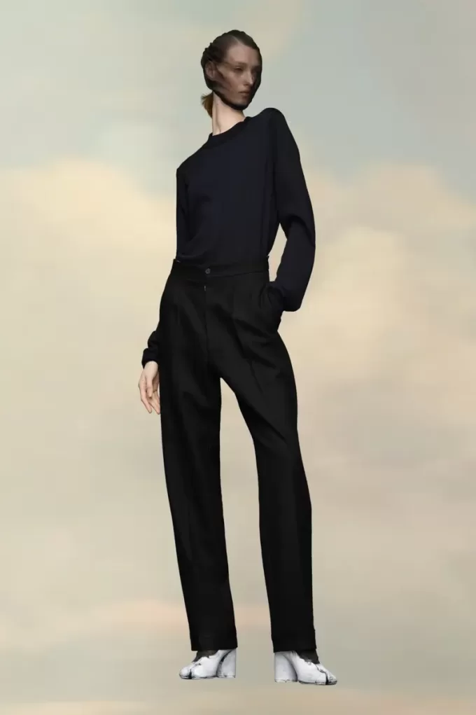 Pantalones plisados de lana con espiga Pantalones plisados de lana con espiga